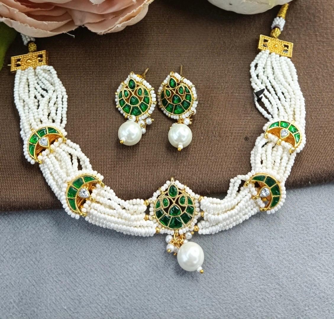 Rice Pearl Beading With Paachi Motives Necklace
