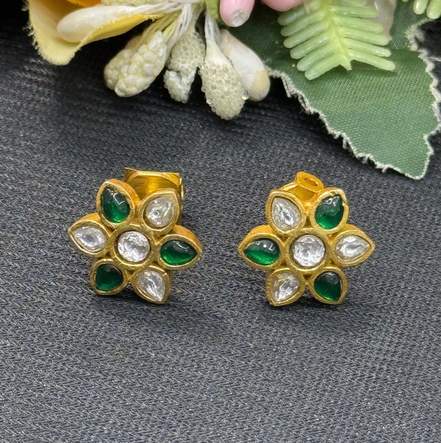 Kundan Petal Green Studs