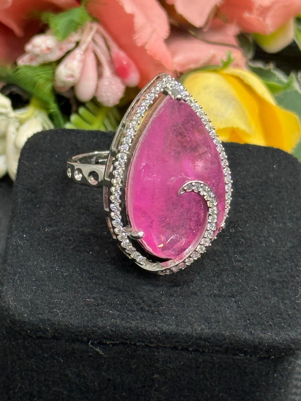 Doublet Stones Blush Pink Ring With CZ