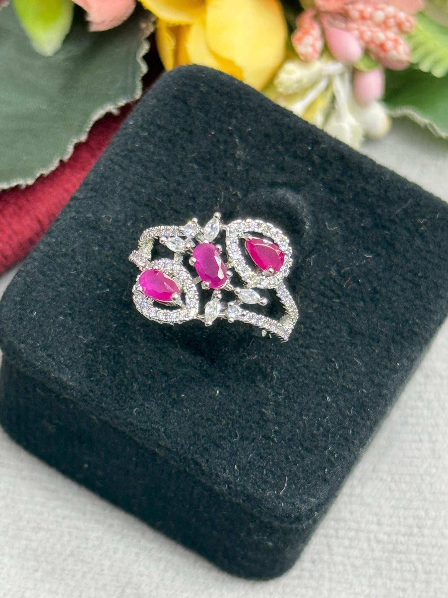 Elegant Ruby Silver Polish Petal Ring