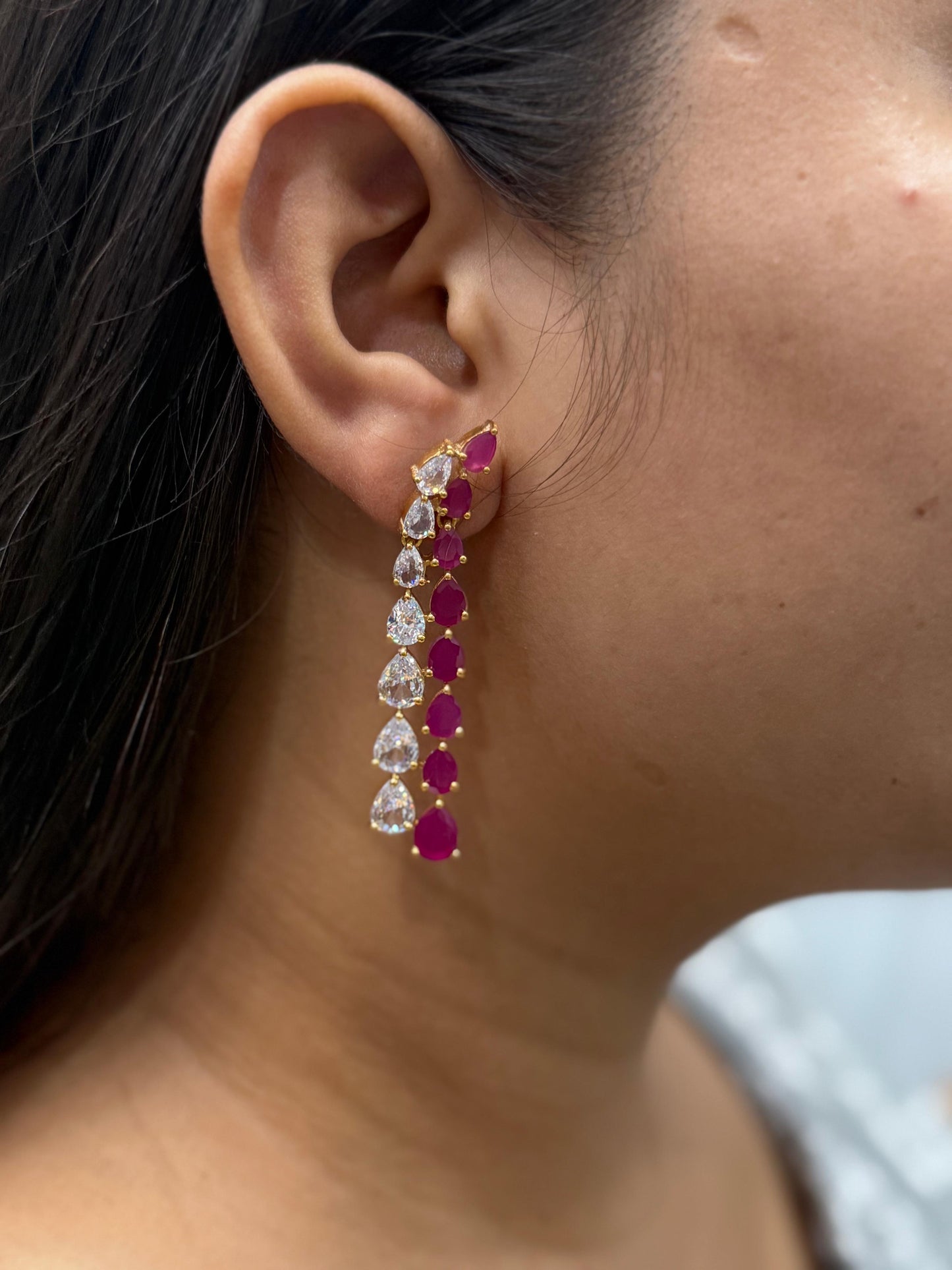 Long CZ Earrings In White and Pink For Girls And Women