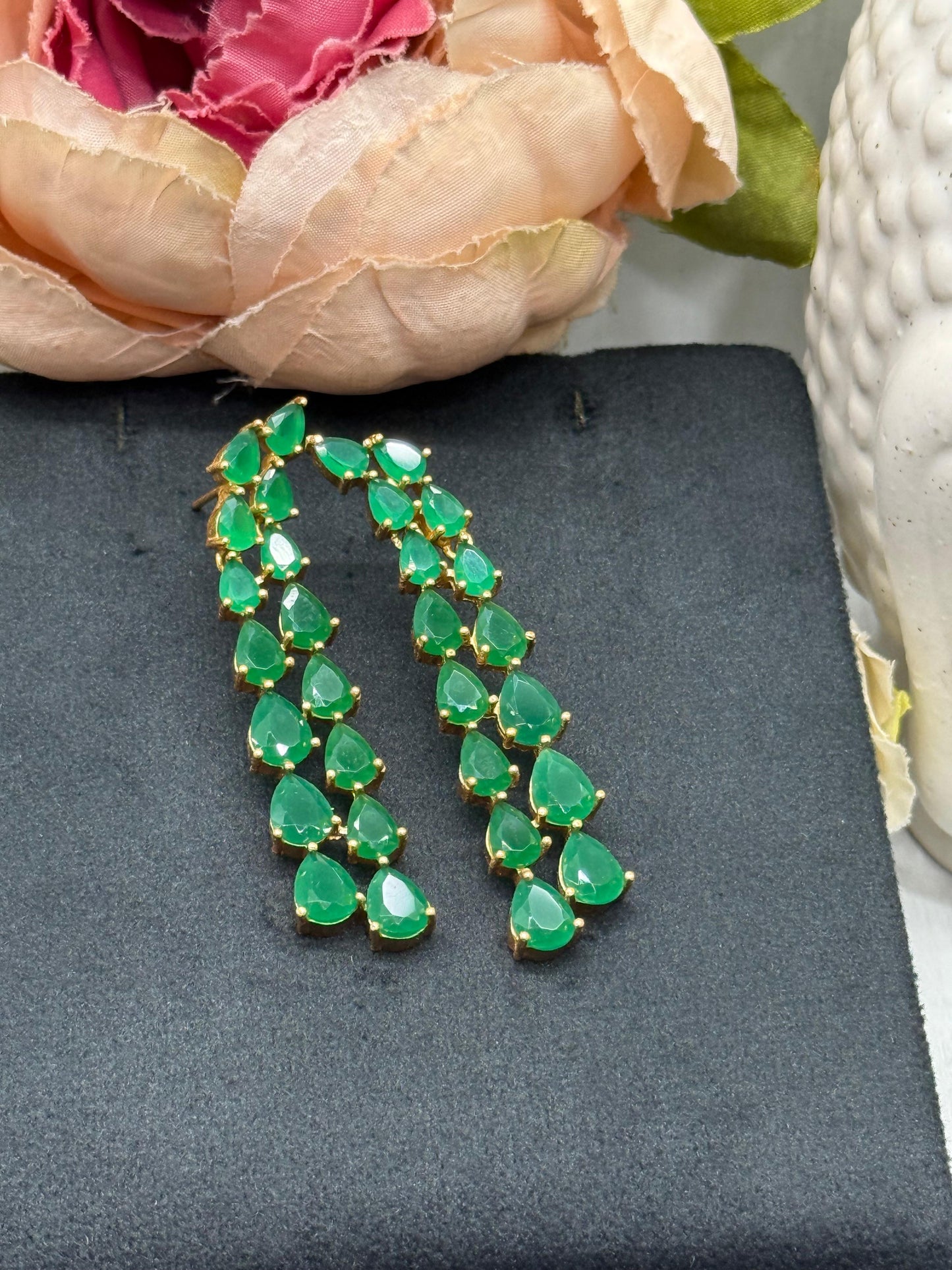 Long CZ Earrings In Green For Girls And Women