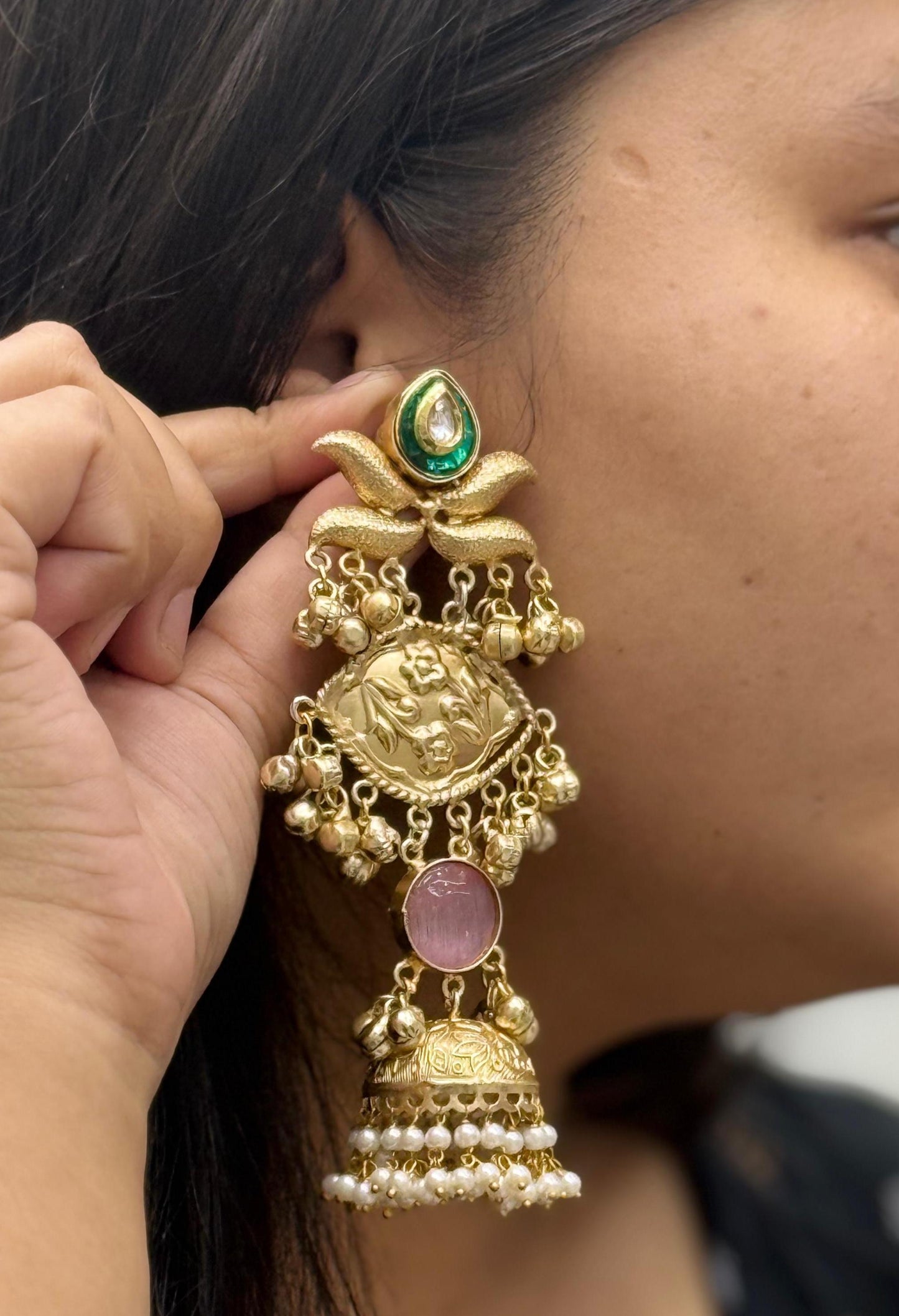 Handcrafted Gold-Plated Jhumka Earrings with Kundan & Pearl Detailing