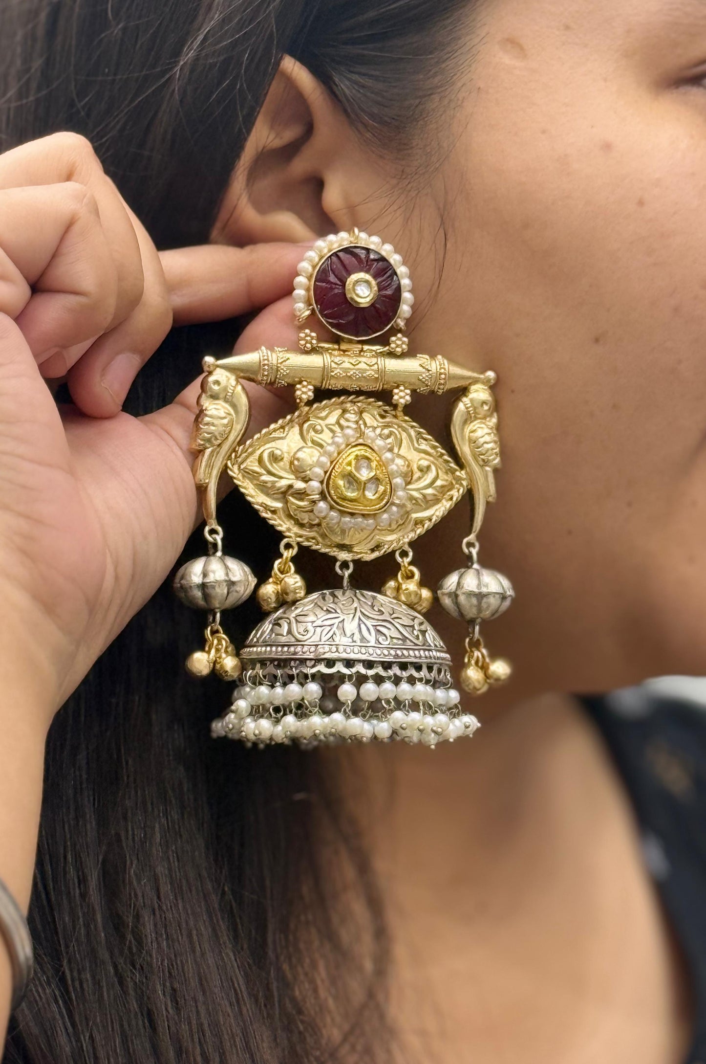 Antique Gold-Silver Plated Jhumka Earrings with Peacock Motif & Pearls