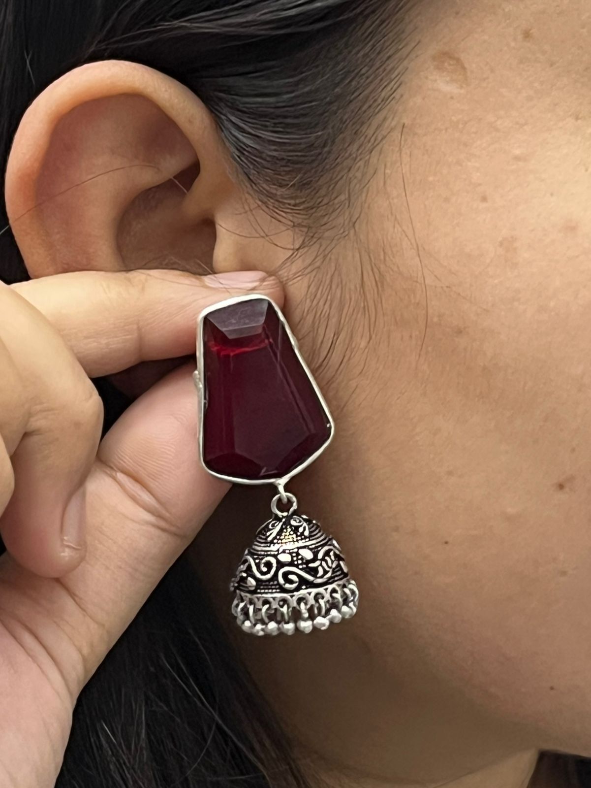 Ethnic Maroon Stone Jhumka Earrings with Antique Silver Finish