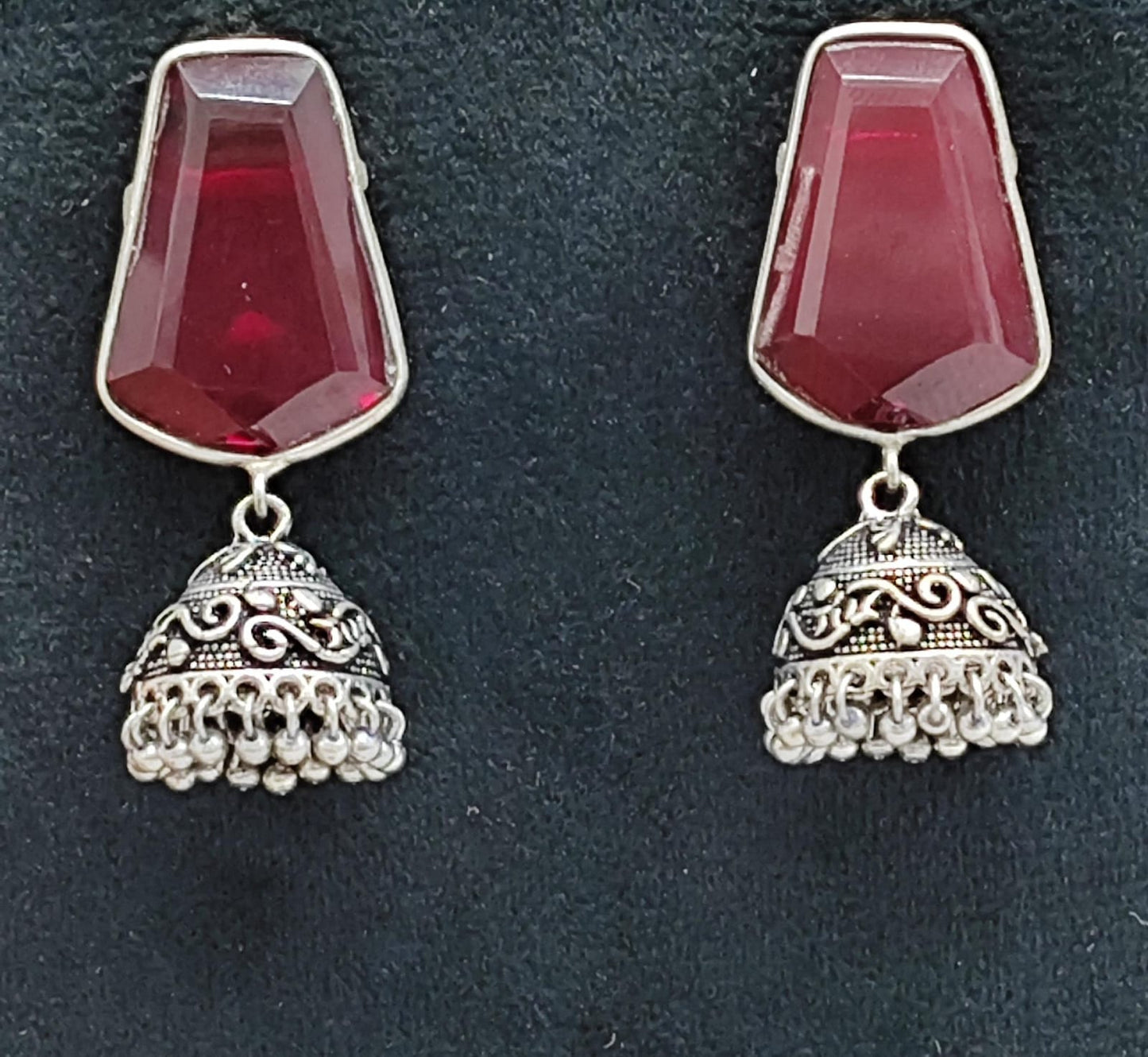 Ethnic Maroon Stone Jhumka Earrings with Antique Silver Finish