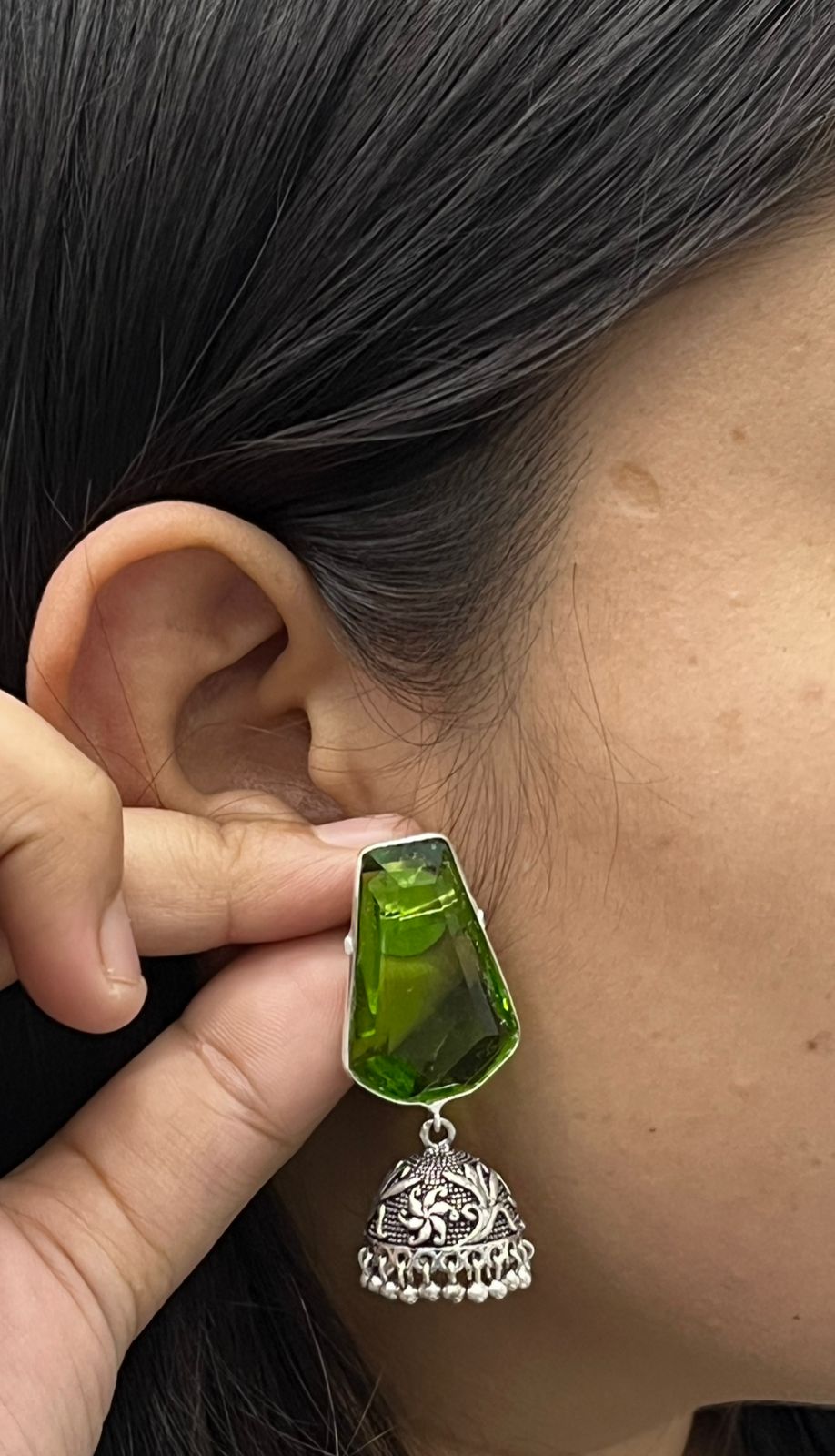 Ethnic Green Stone Jhumka Earrings with Antique Silver Finish