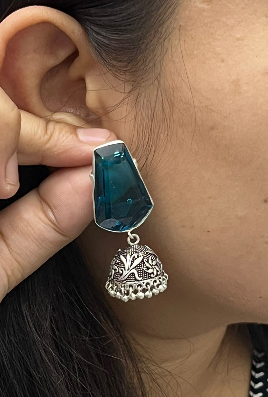 Ethnic Blue Stone Jhumka Earrings with Antique Silver Finish