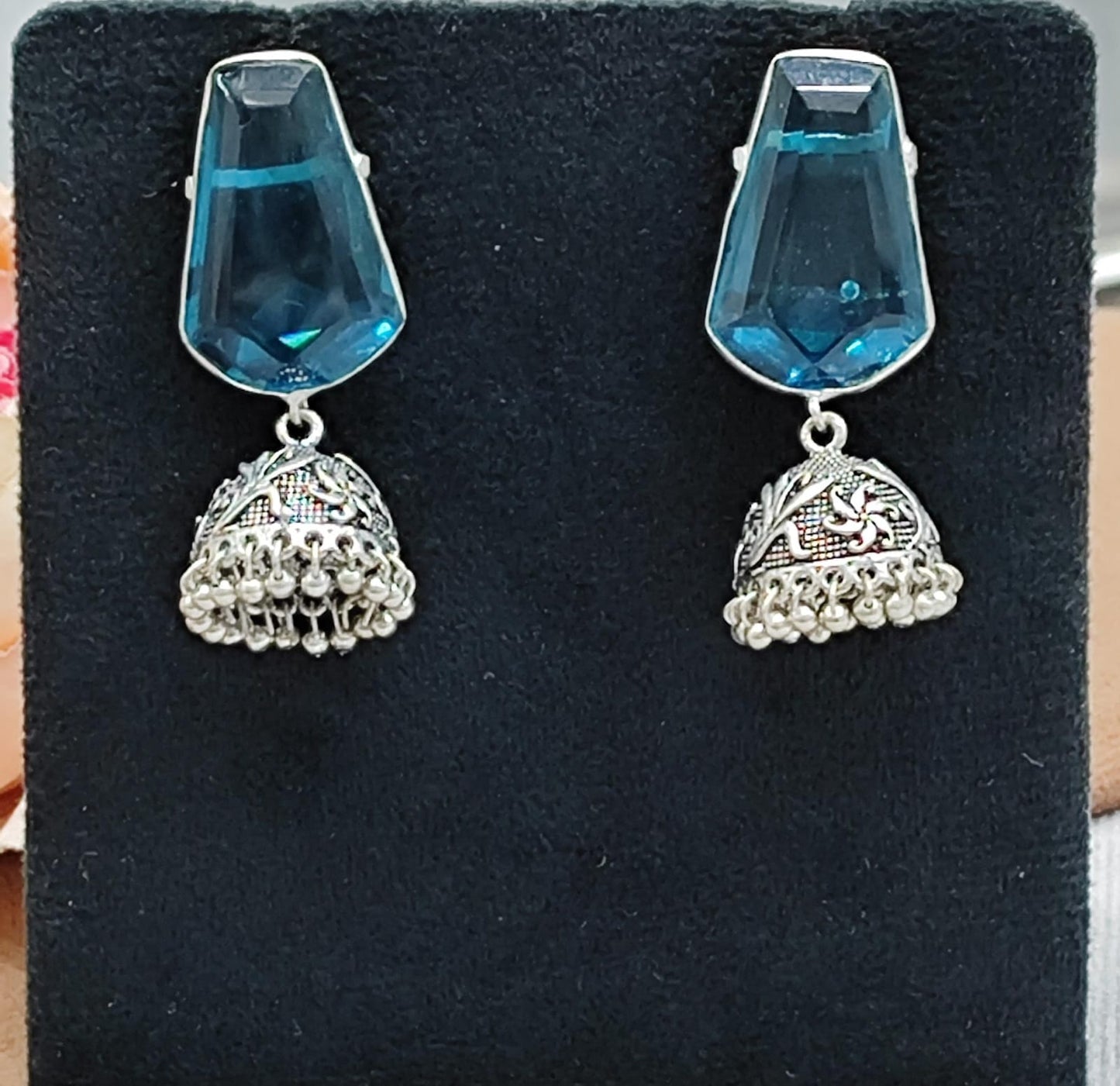 Ethnic Blue Stone Jhumka Earrings with Antique Silver Finish
