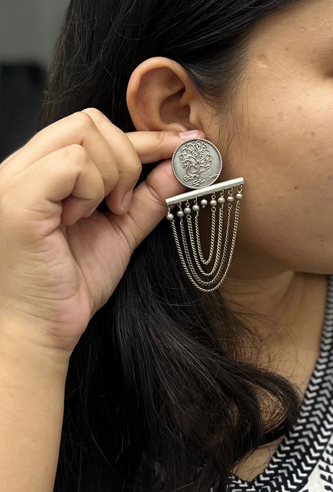Ethnic Oxidized Peacock Coin Earrings with Layered Chain Detailing