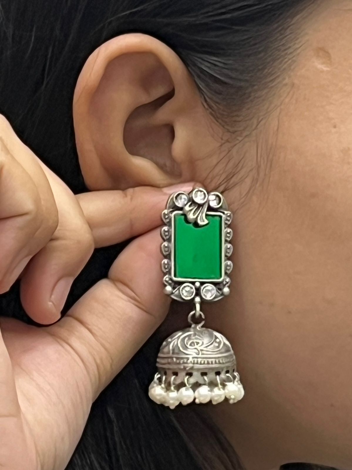Oxidized Silver Jhumka Earrings with Green Stone Stud & Pearl Beads
