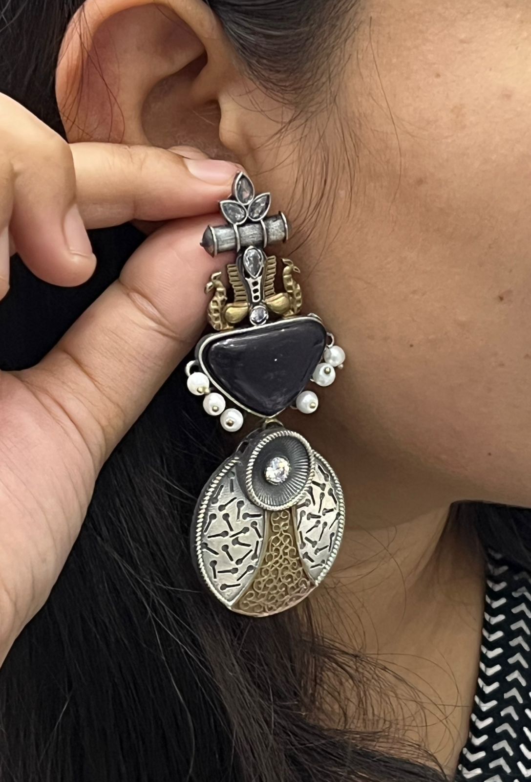Ethnic Oxidized Silver Earrings with Purple Stone, Pearls & Antique Design