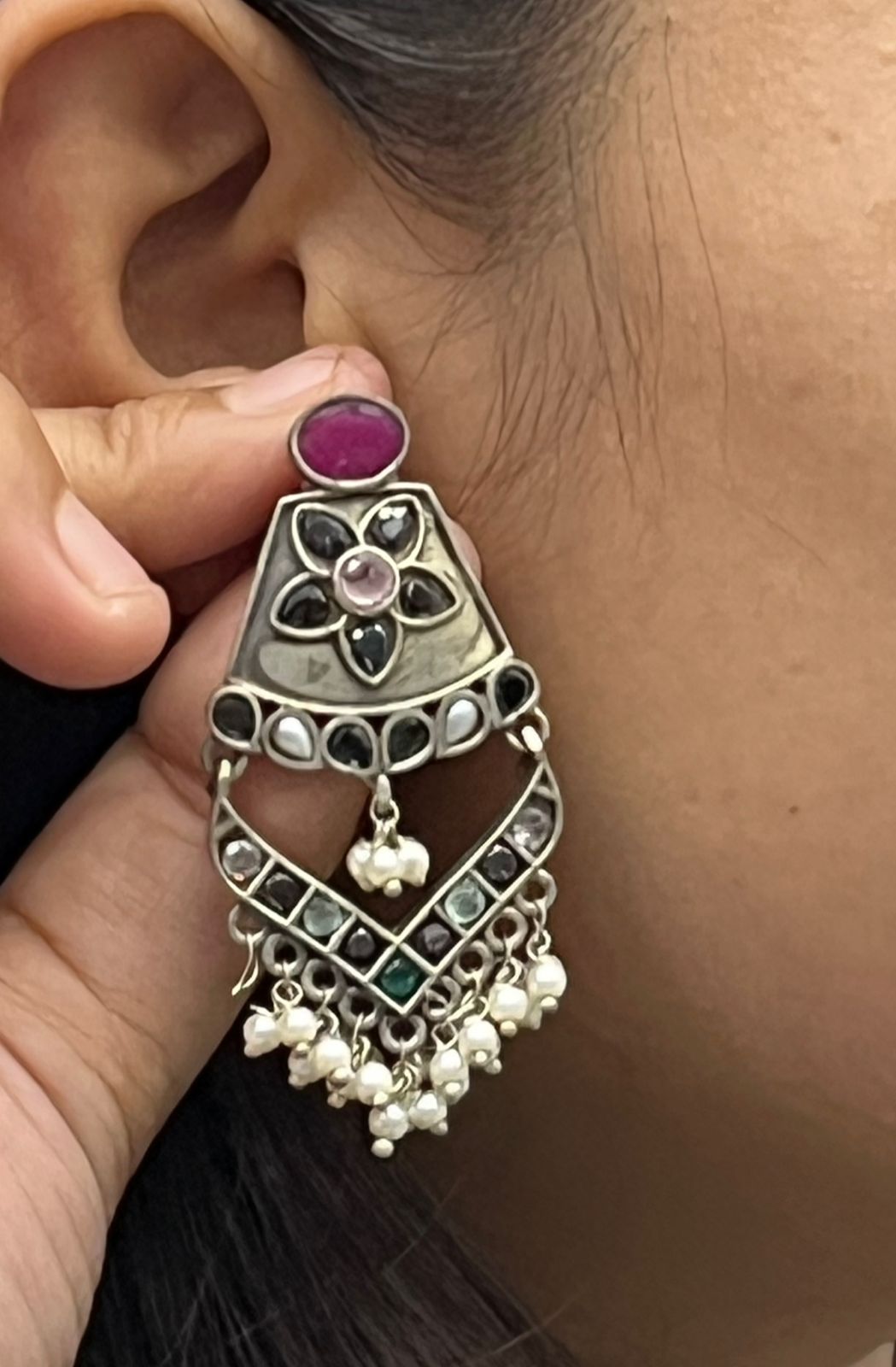 Oxidized Silver Earrings with Pink Stone, Floral Motif & Pearl Beaded Drops