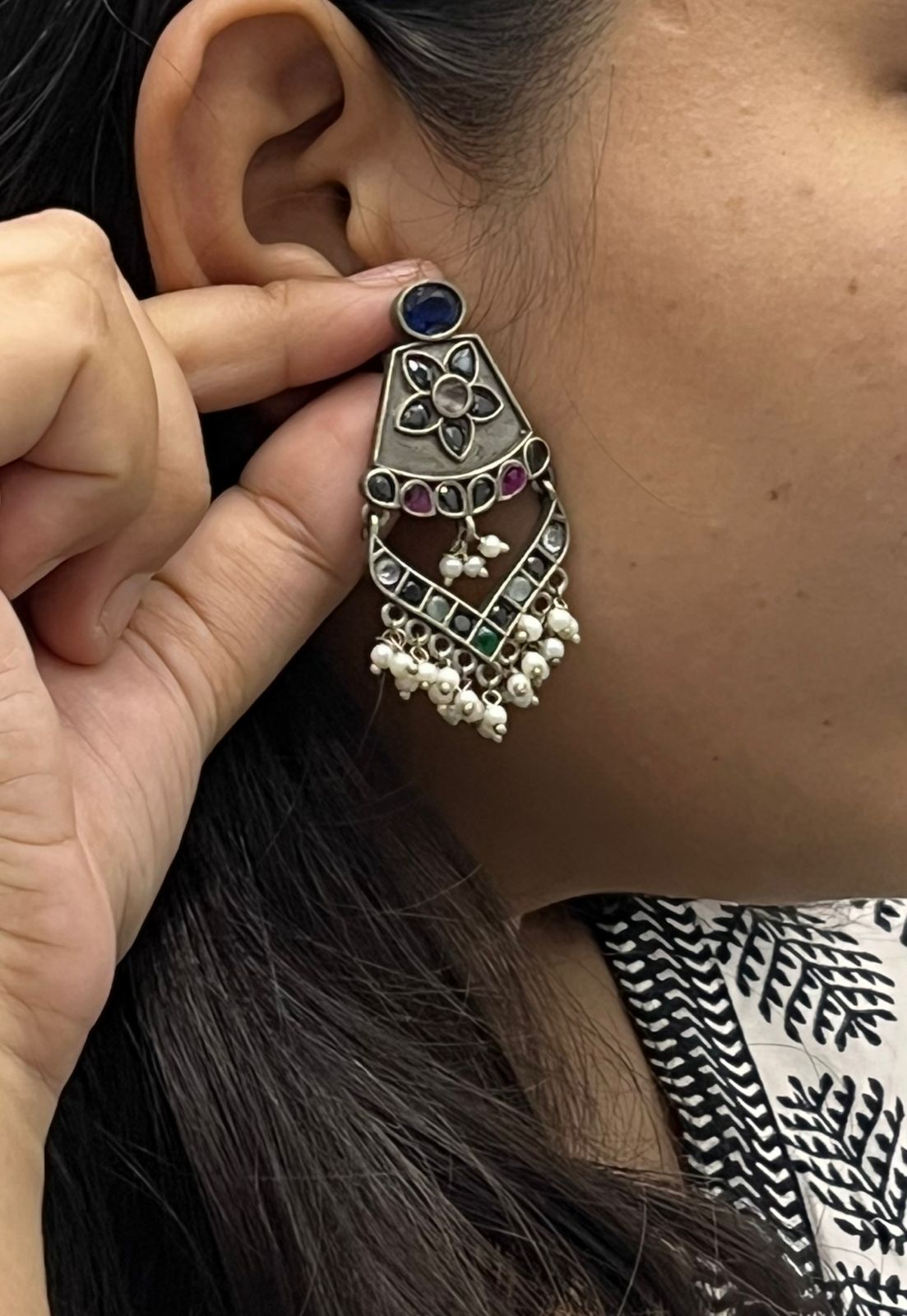 Oxidized Silver Earrings with Blue Stone, Floral Motif & Pearl Beaded Drops