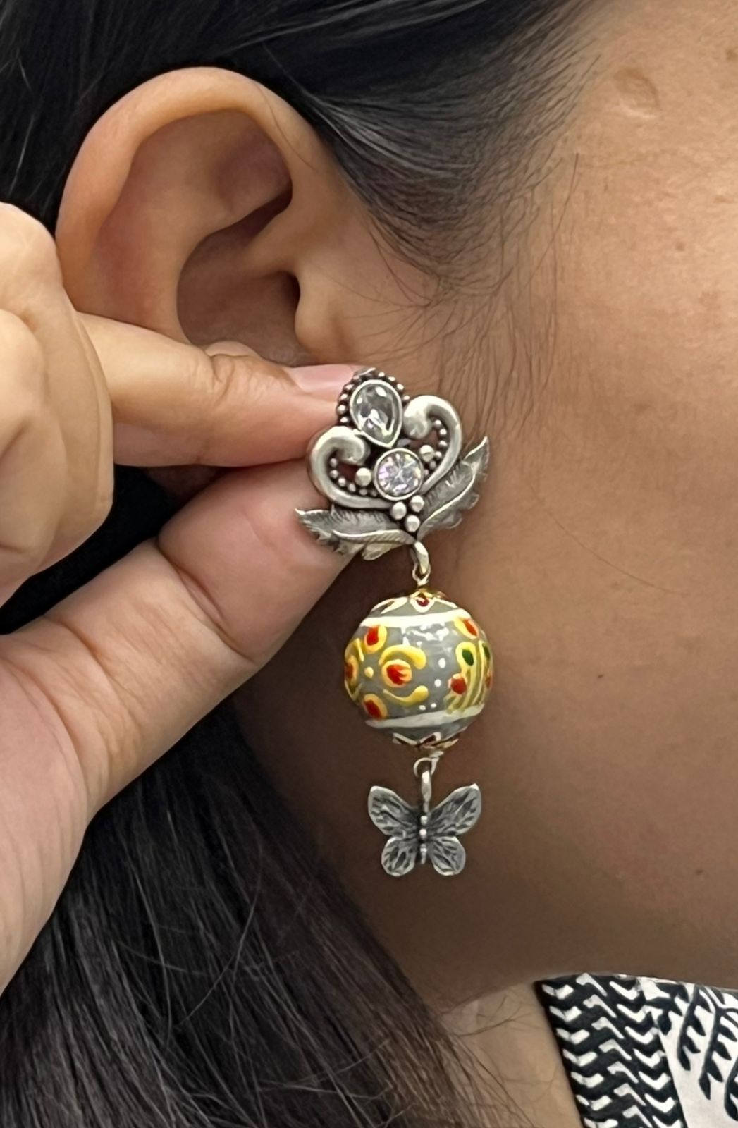Hand-Painted Grey Bead Drop Earrings with Butterfly Charm & Oxidized Silver Detail