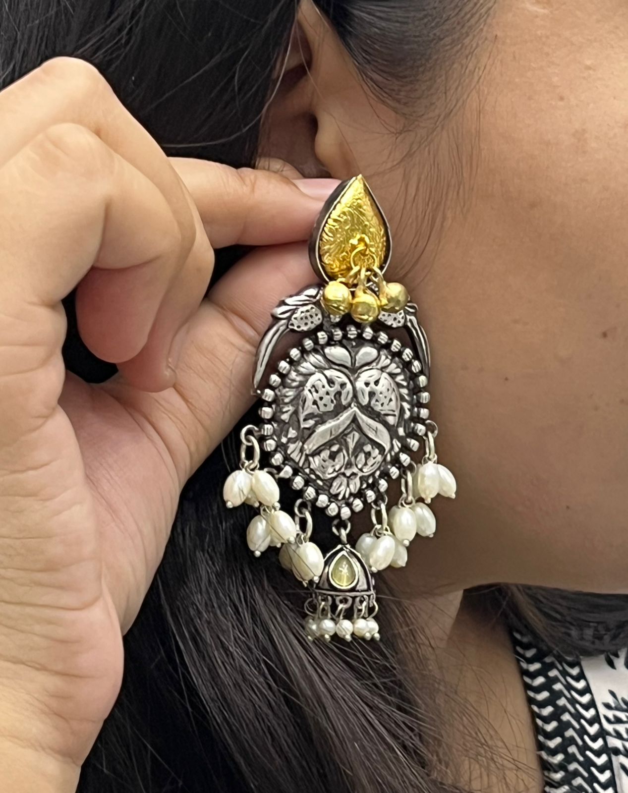 Oxidized Silver Jhumka Earrings with mint Pearl Beads & Antique Gold Detailing