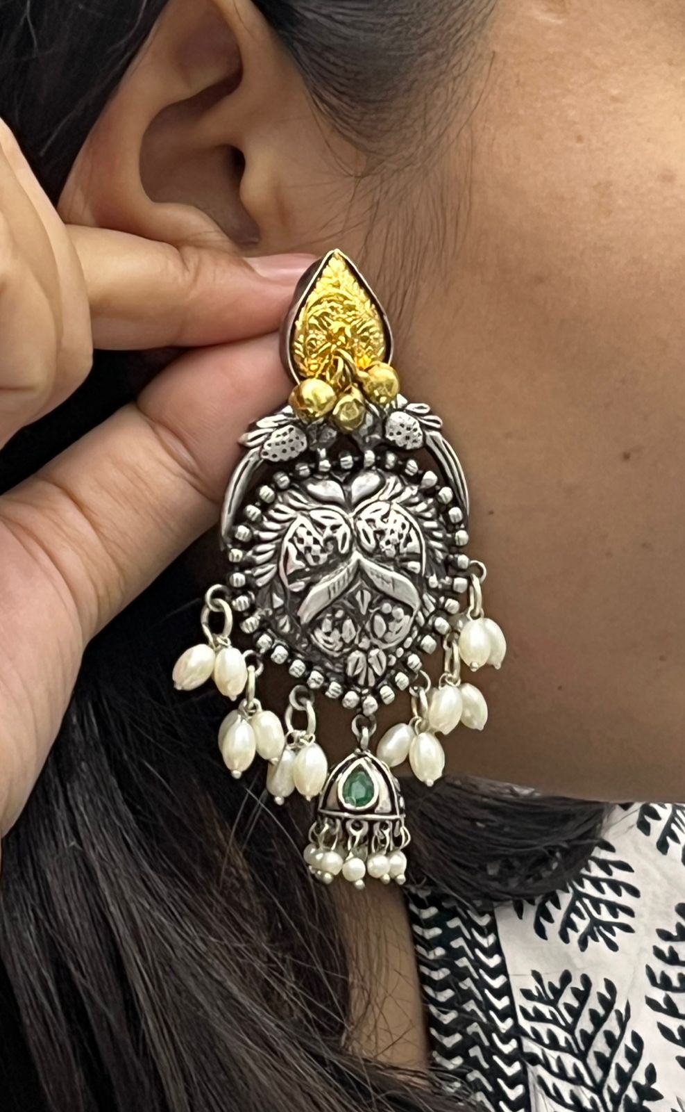 Oxidized Silver Jhumka Earrings with Green Pearl Beads & Antique Gold Detailing