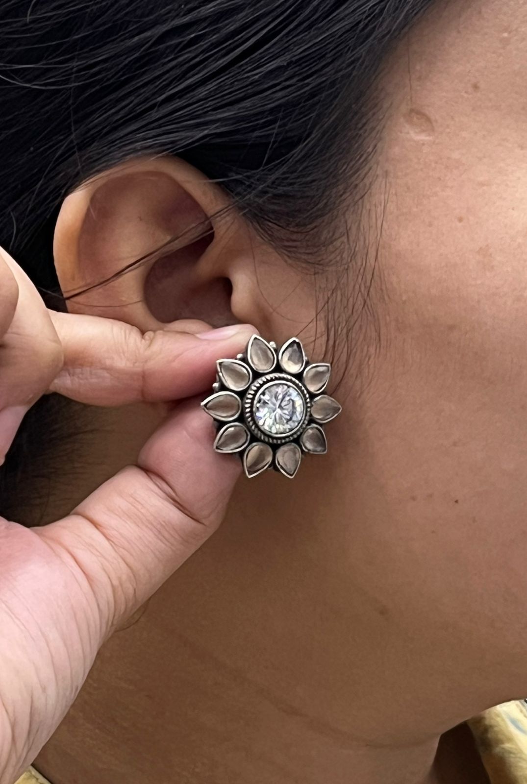 Floral Oxidized Stud Earrings with White Stones & Sparkling Center Crystal