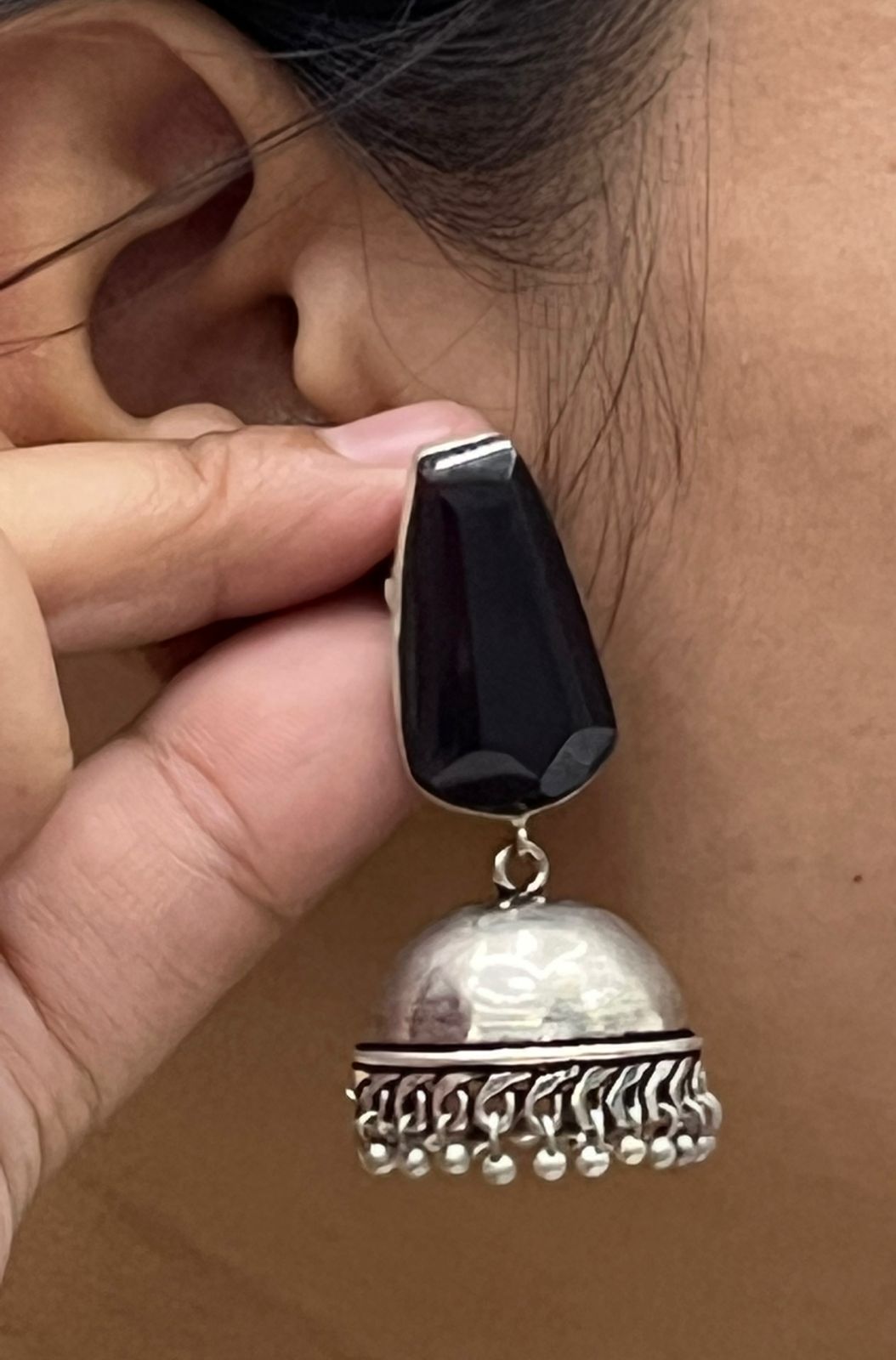 Oxidized Silver Jhumka Earrings with Black Stone Stud