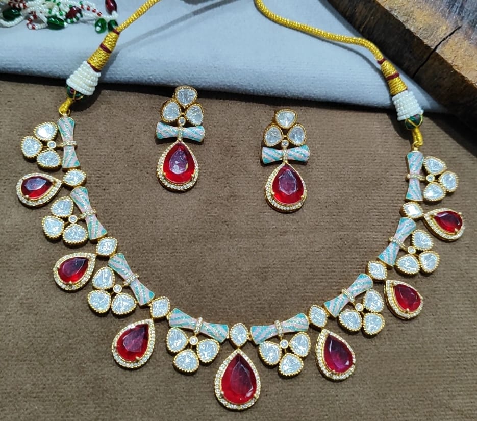 Meenkakari Mossanite Kundaan Necklace for woman