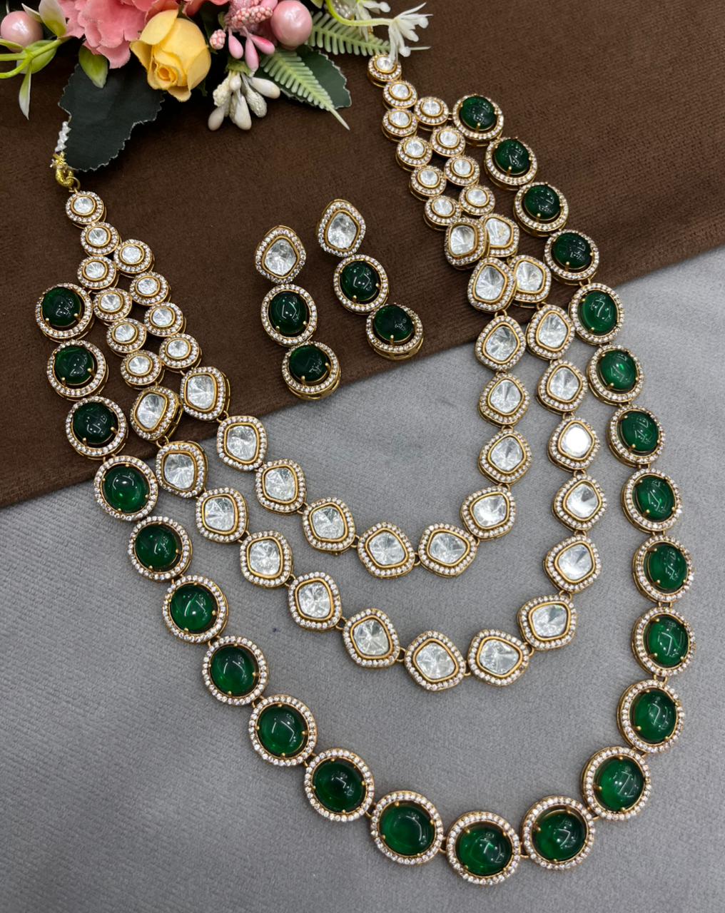 Three Layer Green Kundan Polki Necklace for woman