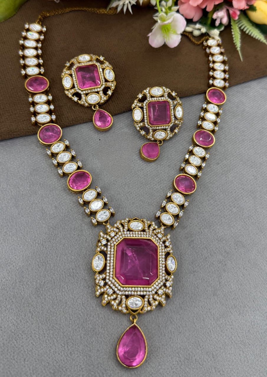 Doublet Stone Long Necklace In Hot Pink For Women