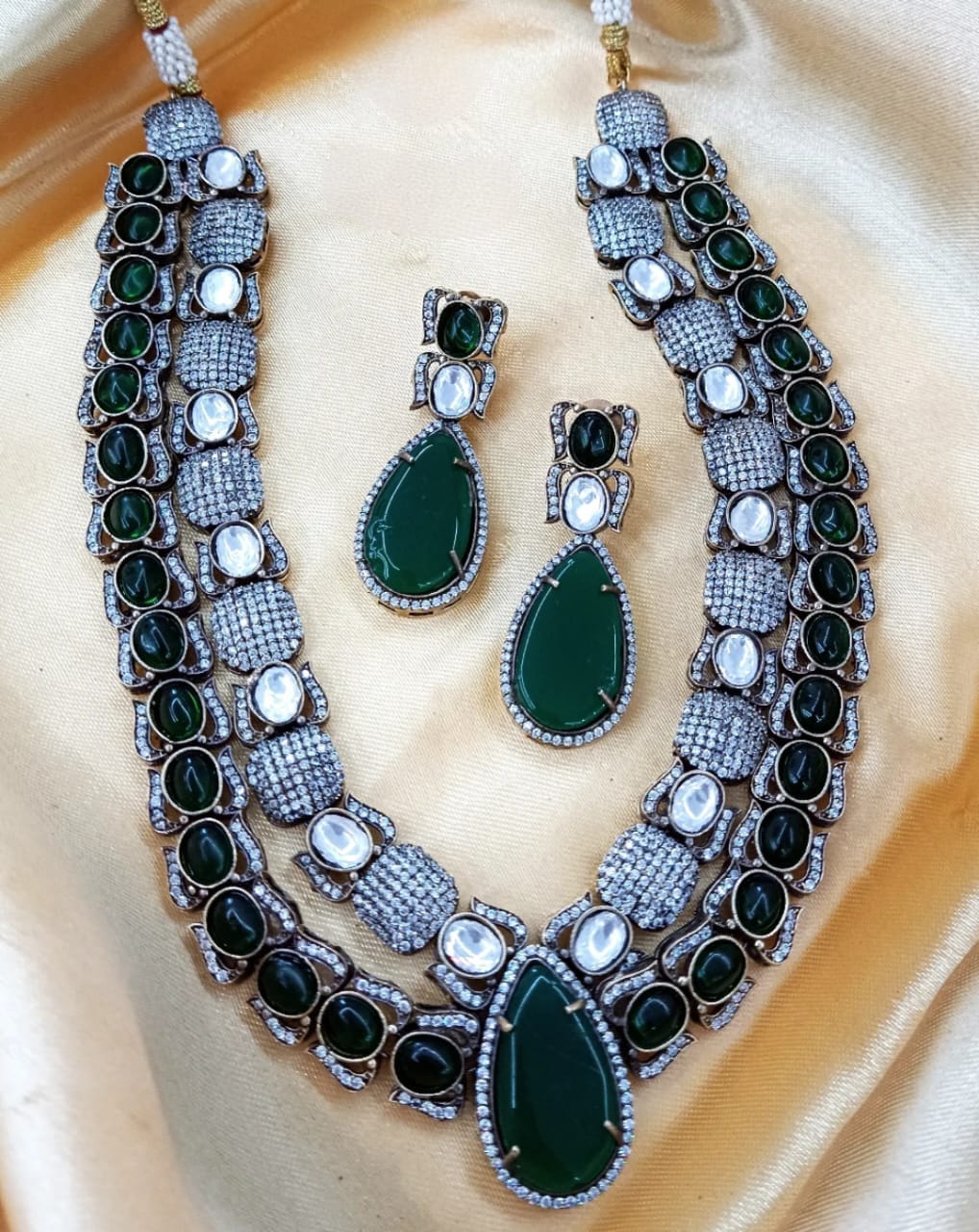 Double Layer Kundan Necklace In Green For Women
