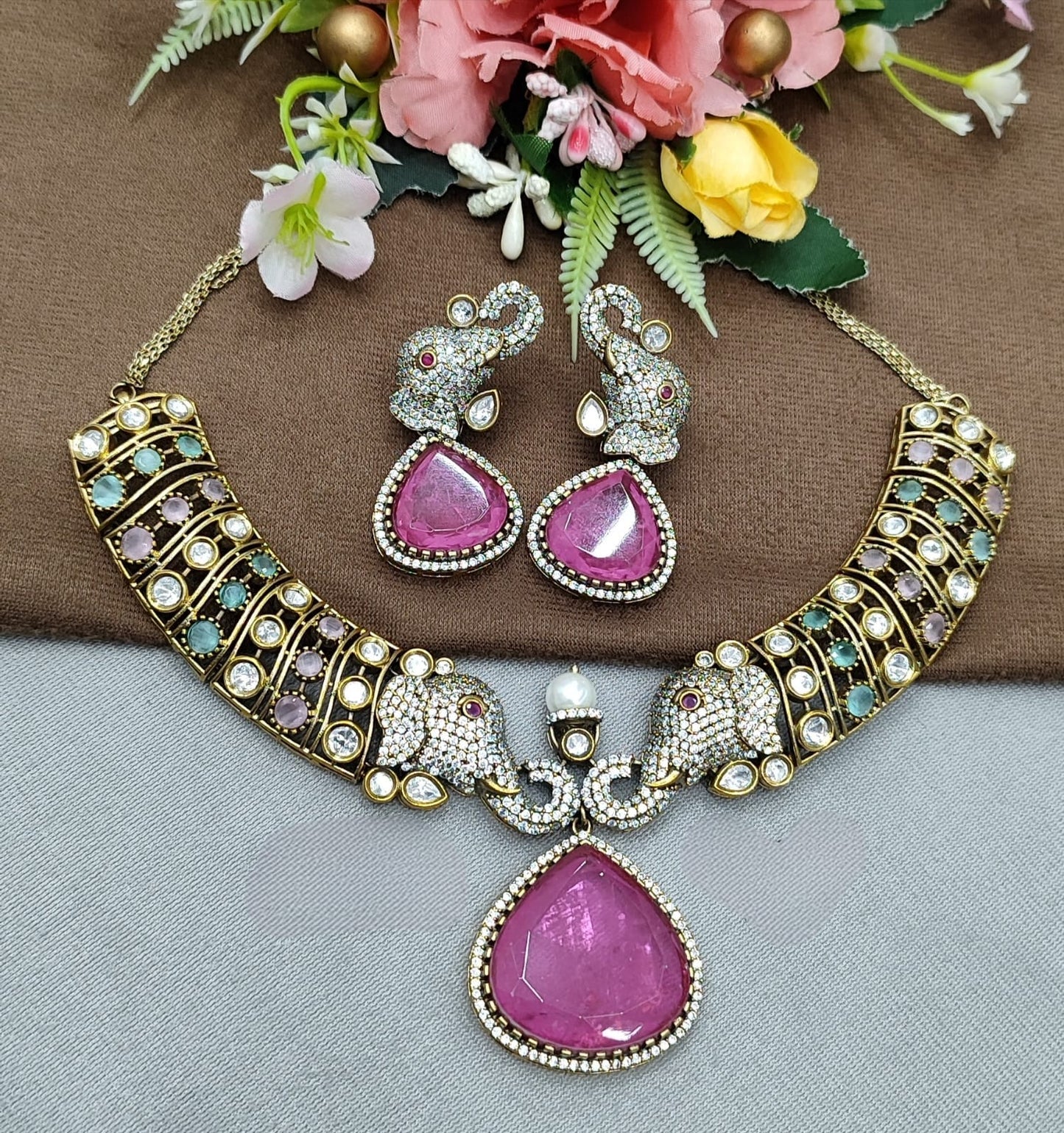 Elephant Kundan Mossanite Hasli in Pink For Women