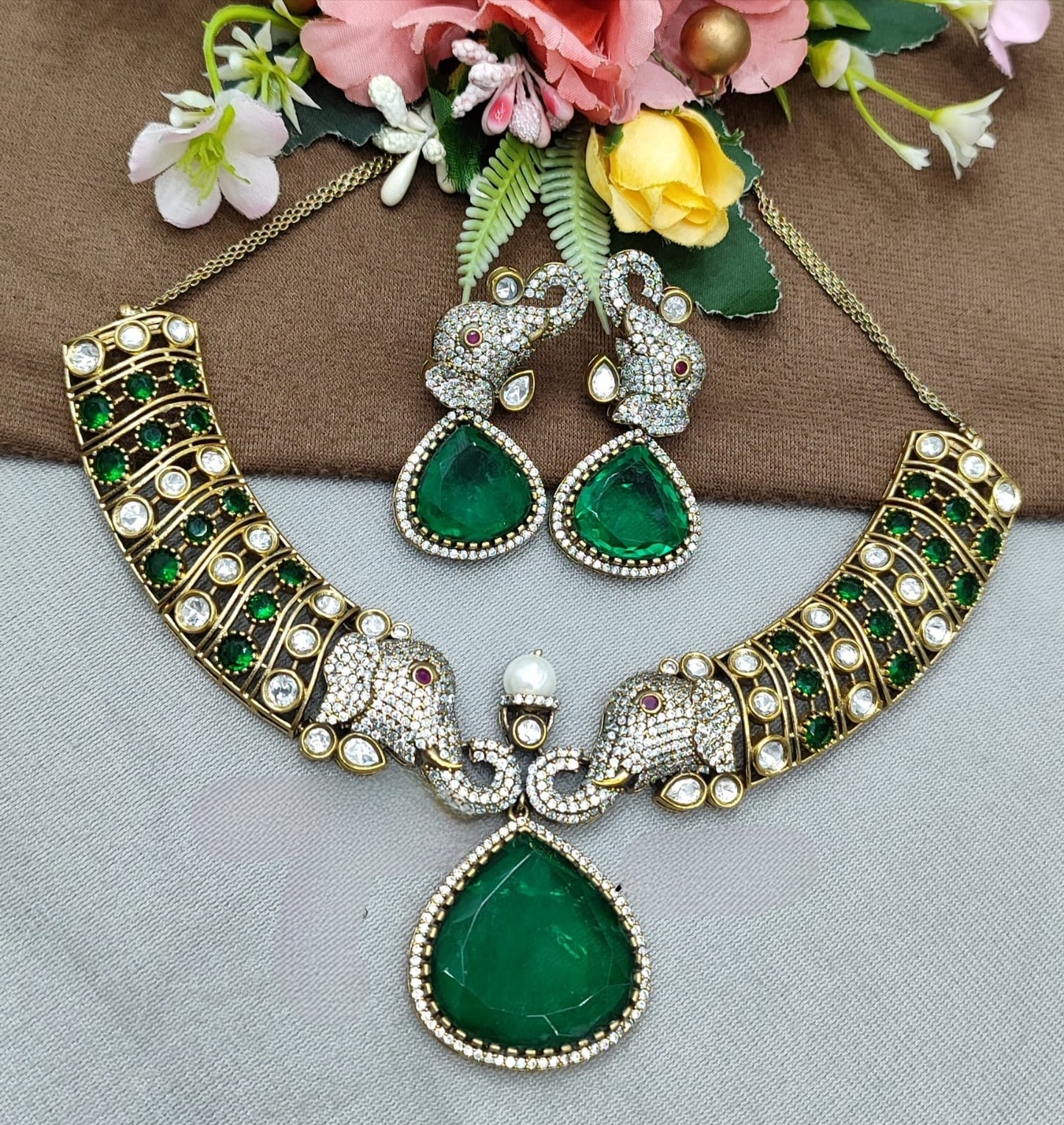 Elephant Kundan Mossanite Hasli in Green For Women