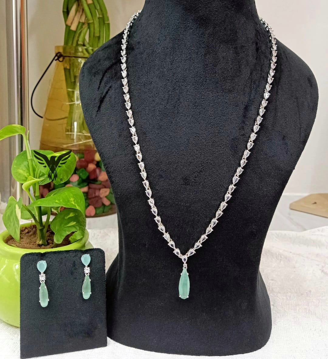 Nishtha American Diamond Necklace Set In Mint Drop