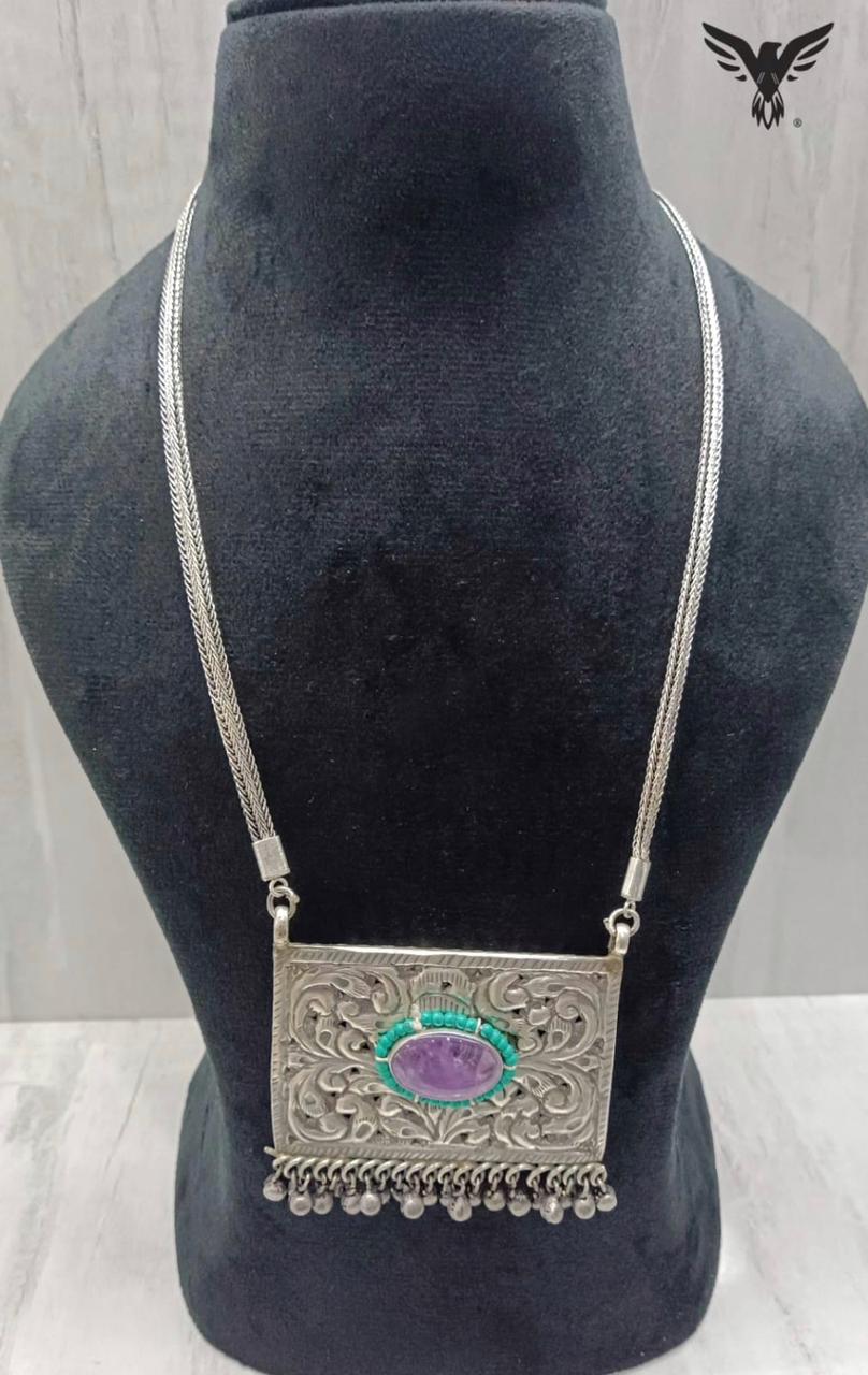 Silver Look Alike Necklace In Amethyst Stone For Women