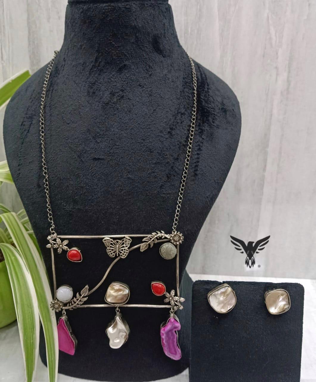 Mishka Silver Look Alike Necklace Set In Ruby Duzy Stones For Women