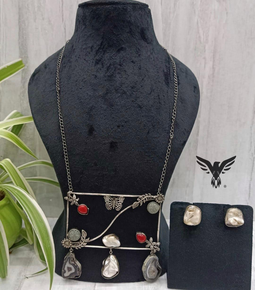 Mohini Multi colored Silver Look Alike Necklace Set In Duzy Stones For Women