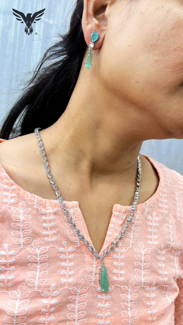 Nishtha American Diamond Necklace Set In Mint Drop