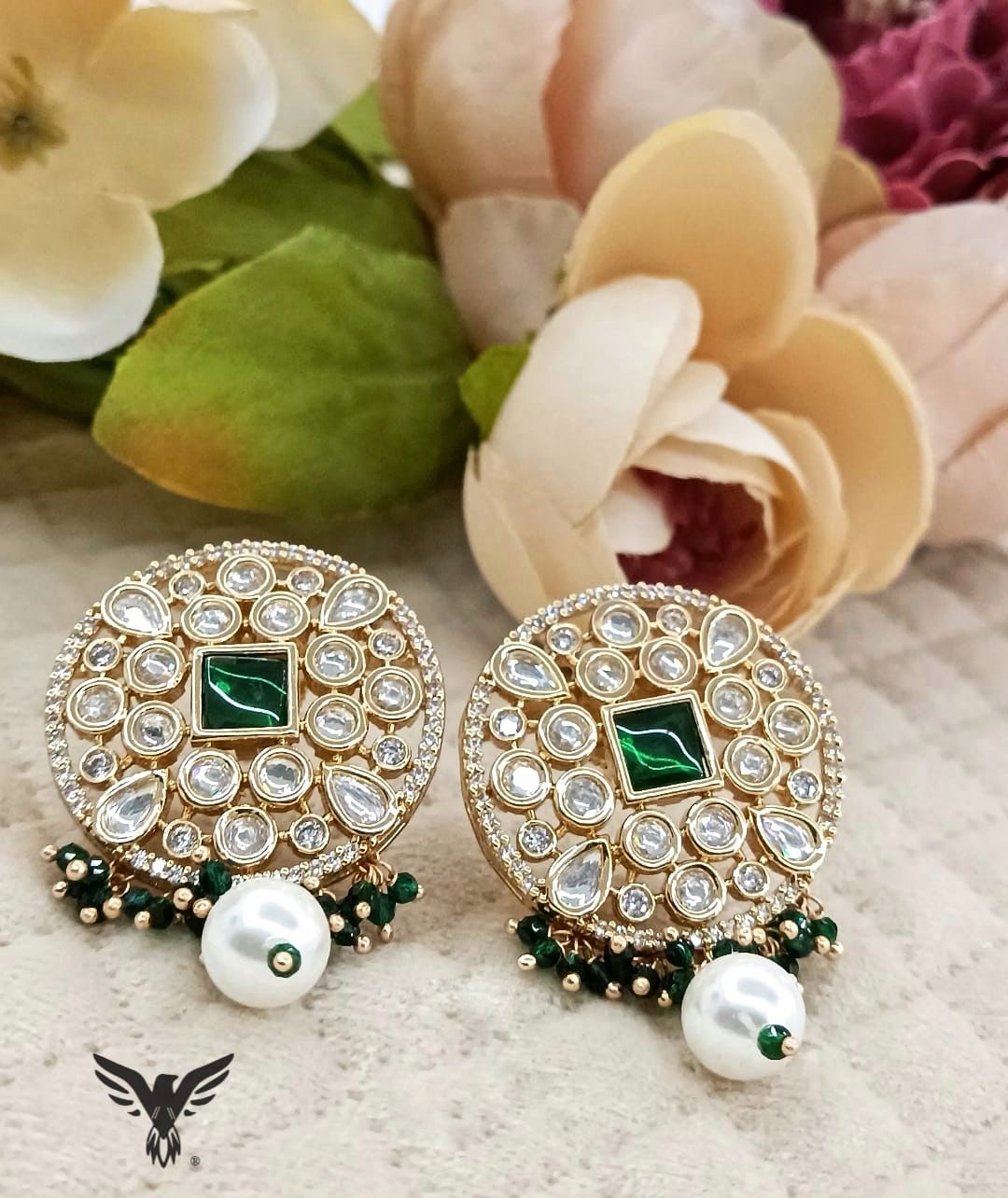 Madhubala Emerald High Quality Kundan Earrings Studs With Pearl Drop