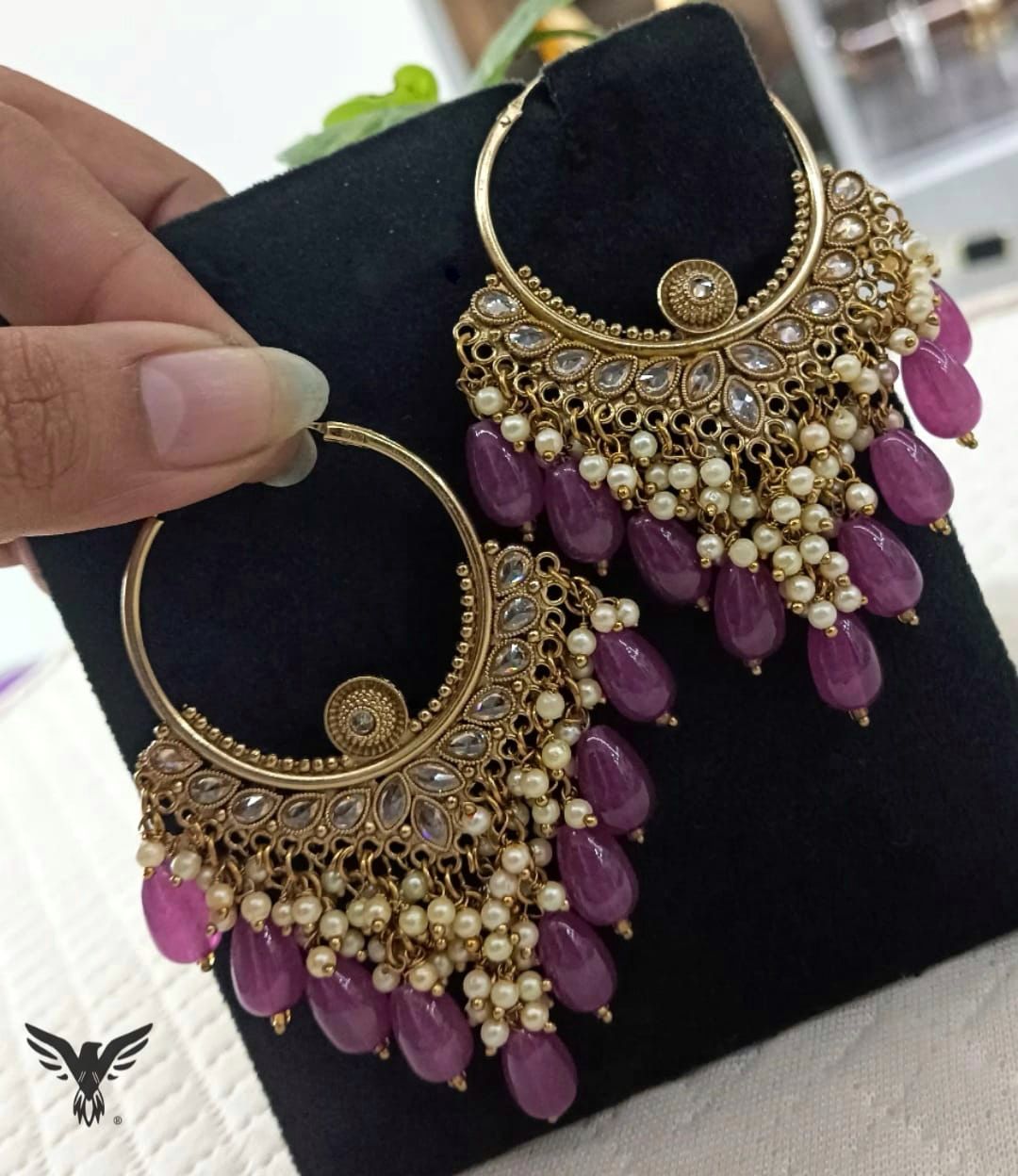 Jiya Beautiful Kundan Bali Earings In Amethyst Polki Drops For Women