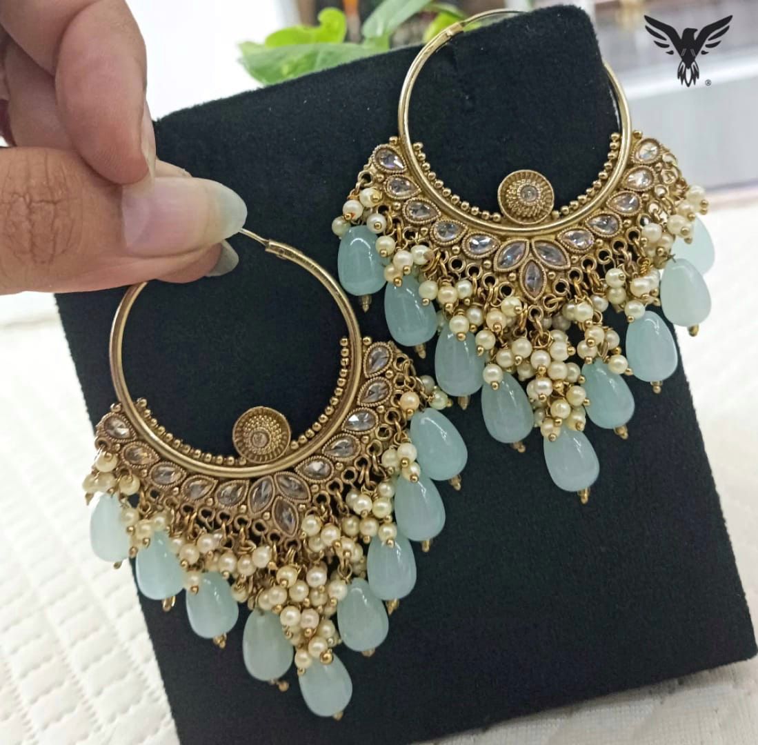 Jiya Beautiful Kundan Bali Earings In Turquoise Polki Drops For Women