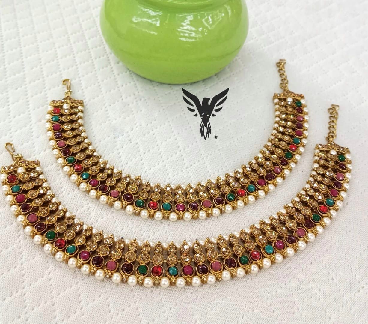 Harnoor Traditional Punjabi Anklets In Multi Color Kundan For Women