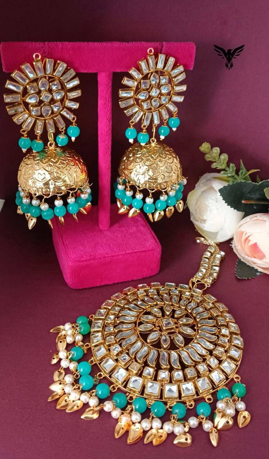 Aagya Kundan Mangtika And Earings In Turquoise For Women