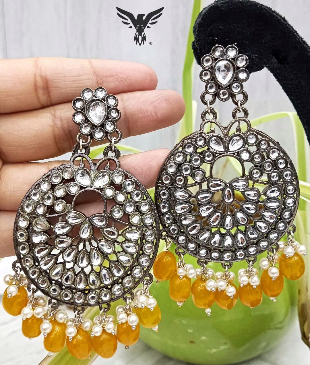 Mohi Kundan Earings In Orange Drops For Women