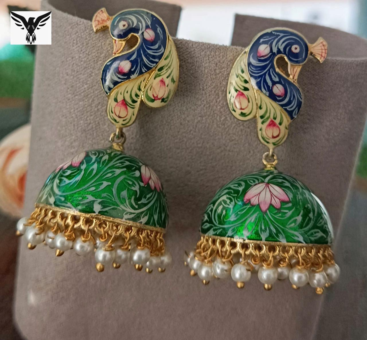 Diksha Handprint Peacock Earings In Green For Women