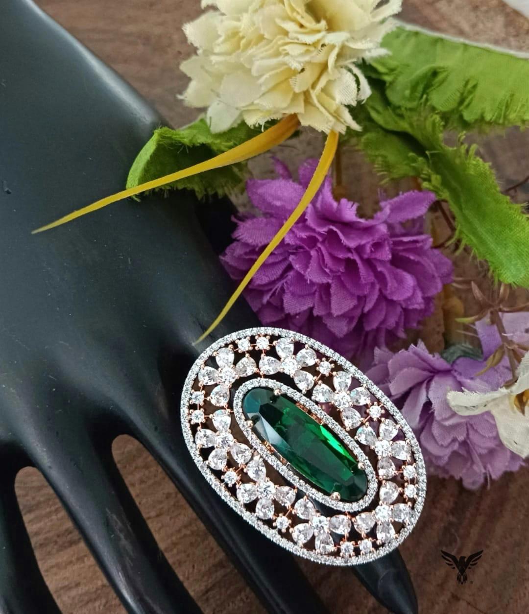 Shinda Rose Gold Polished Diamond Ring In Emerald For Women