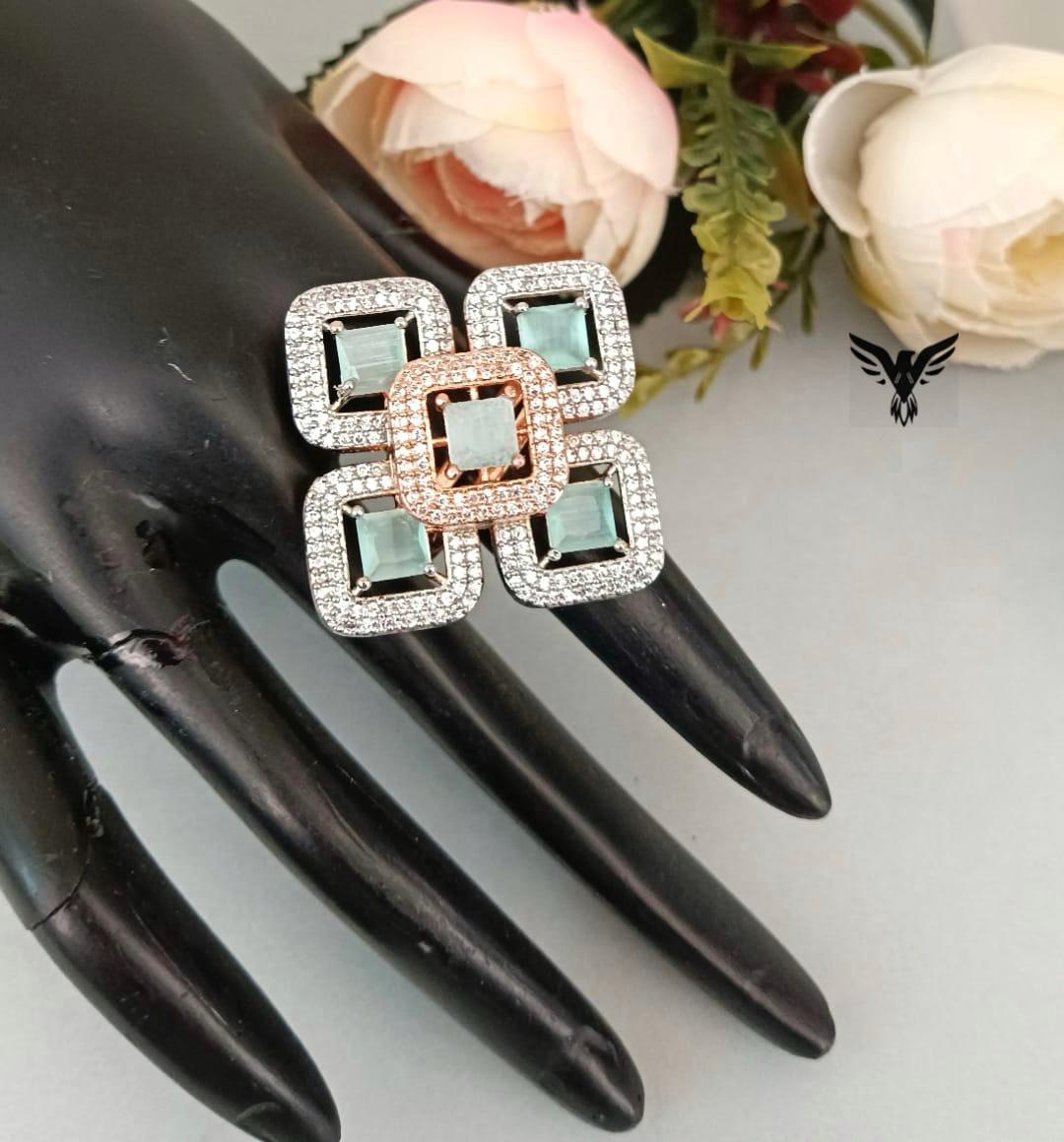 Square Pattern Diamond Ring In Mint For Women