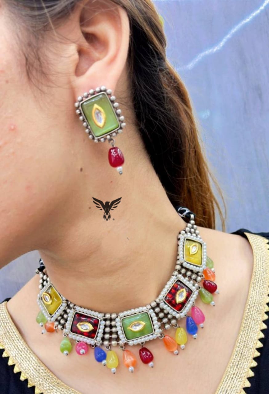 Chaaya multicolour silver look alike necklace for women