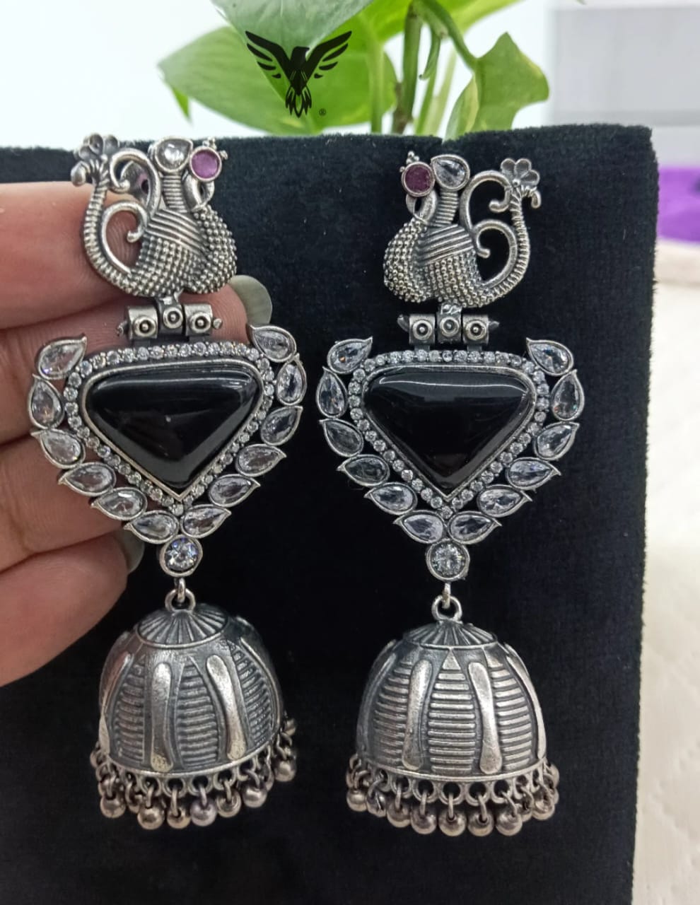 Tashi Black Silver Look Alike Long Dangle Earrings With Jhumkis