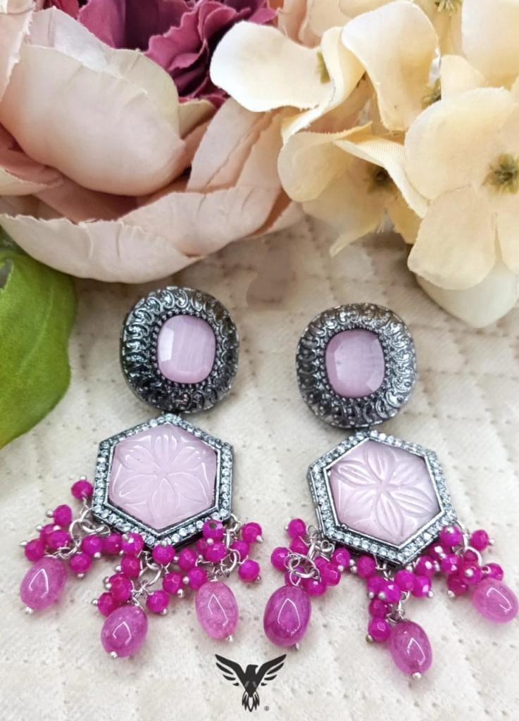 Myra pink kundan earrings with drops For Women
