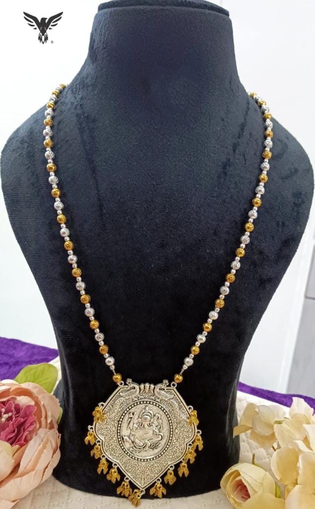 Ganesh ji long silver look alike dual tone necklace