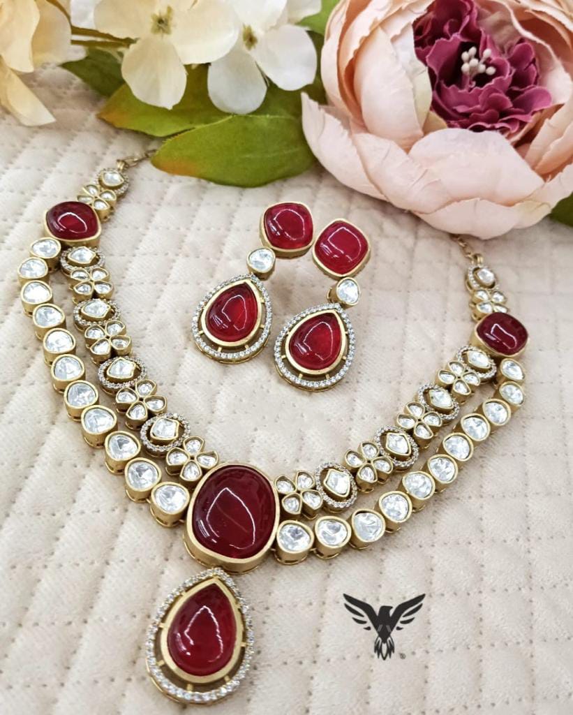 Maeve mosanite Polki Kundan Necklace in ruby For Women