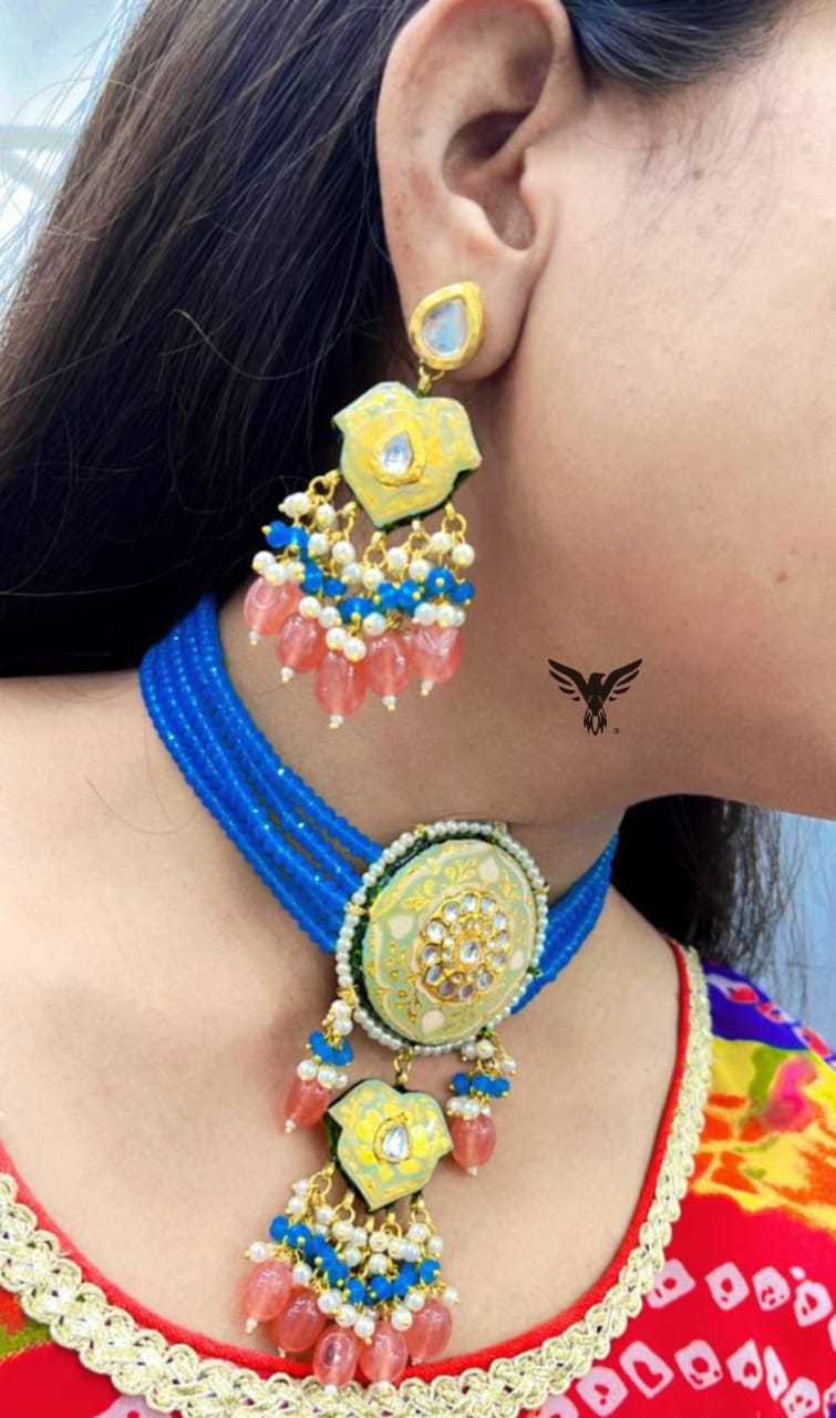 HANDPAINTED MEENAKARI BLUE NECKLACE WITH MONALISA BEADS