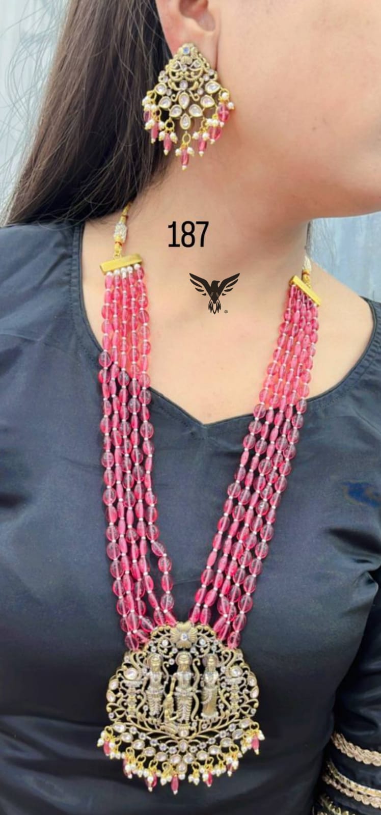 Sunanda Pink Multi layrered Mala Necklace In Kundan Broach For Women